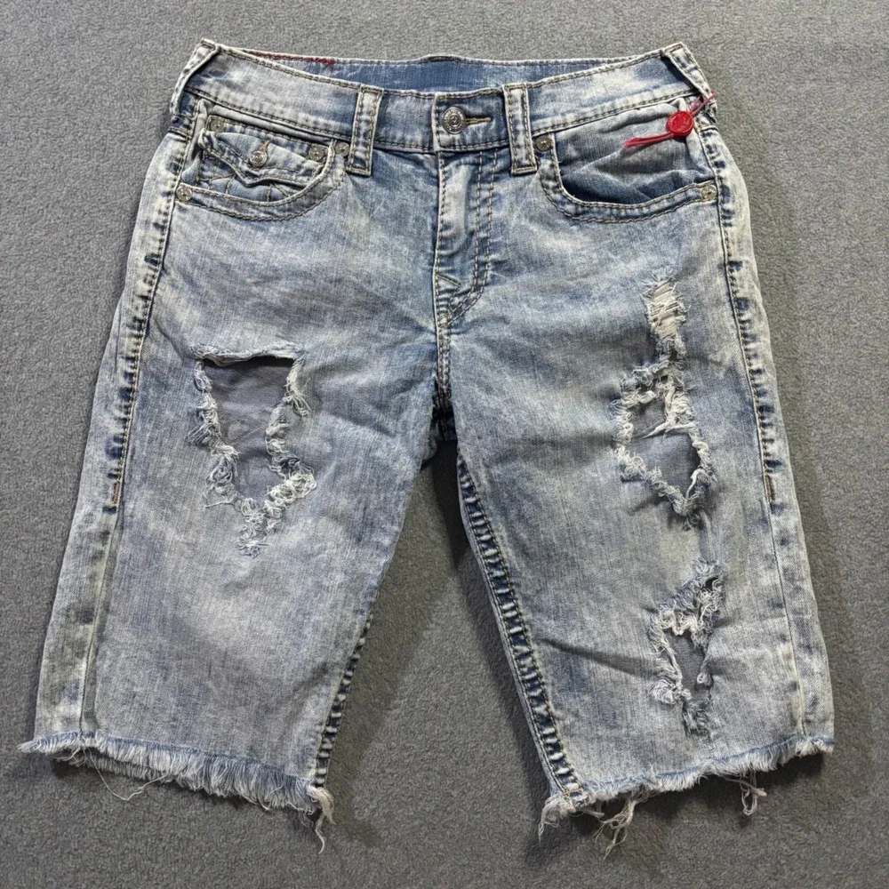 True Religion Ricky Relaxed Straight Denim Shorts Men's 31 Blue Distressed Acid
